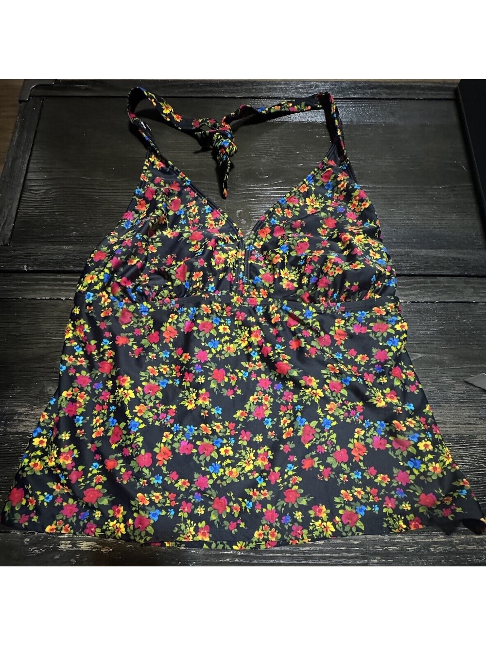 Catalina Womens 2X 18W-20W Tankini Top Black Floral Padded Halter Plus Size
